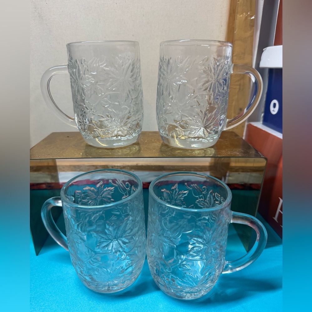 Princess House Fantasia Poinsettia Crystal Coffee Cup Mug Clear Set of 4